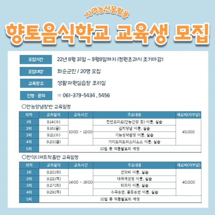 화순군이 만능양념장반, 한식디저트작품반 교육생을 모집한다. 사진은 교육생 모집 리플릿